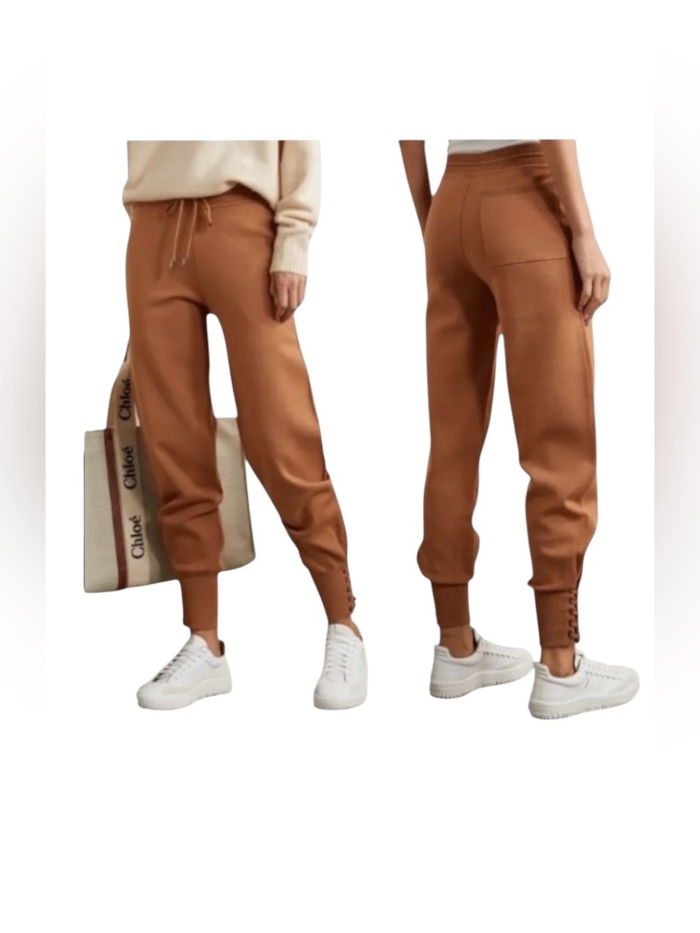 CHLOÉ Jogger Lace Up Silk Merino Wool-Blend Track Pants - Brown Small Caramel